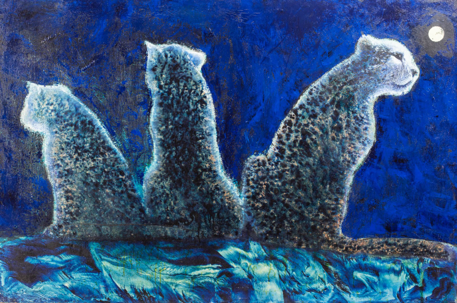 Three leopards under moonlight